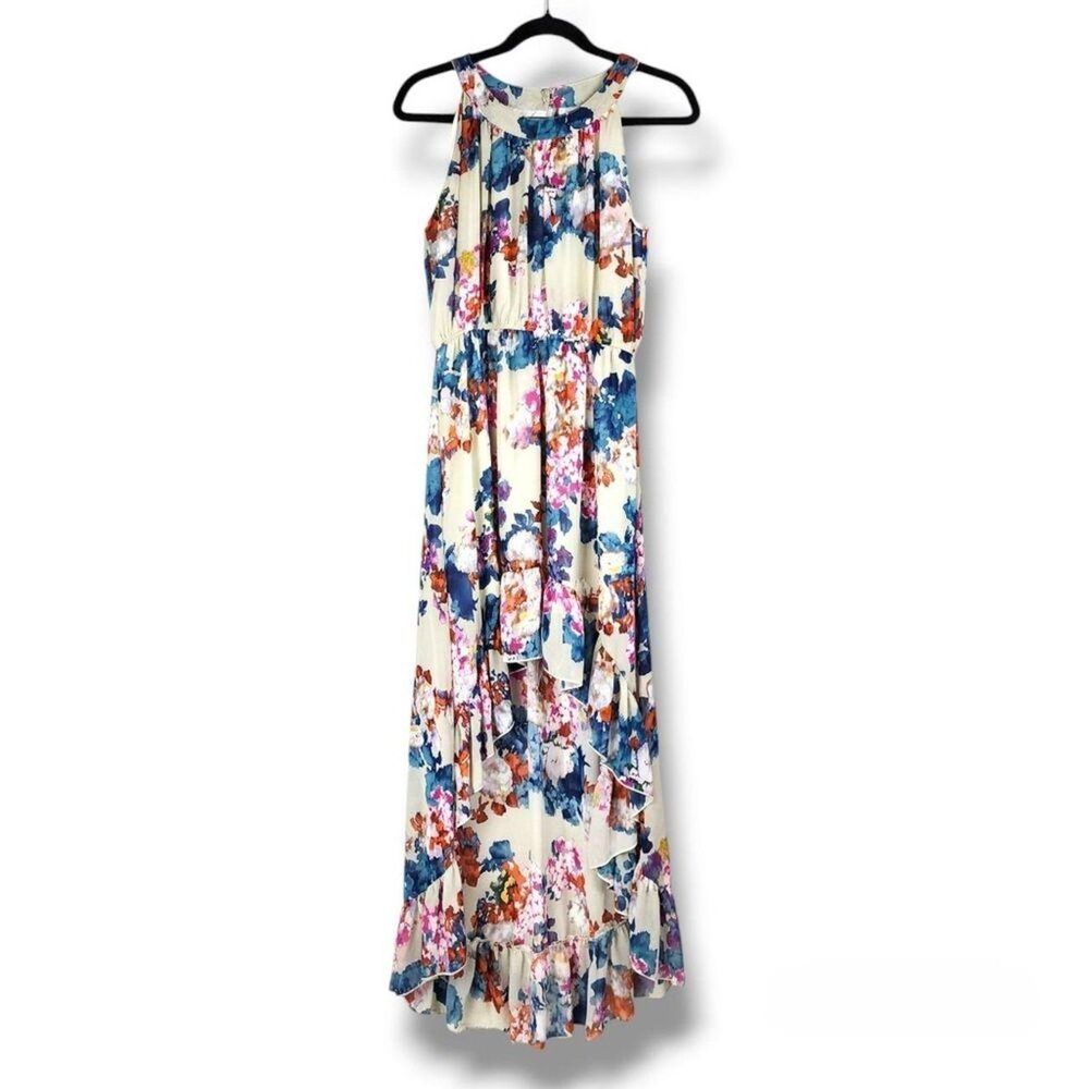 Asymmetric Hi-Low Hem Watercolor Floral Dress Sz S Romantic Fairy Flowy Ruffle